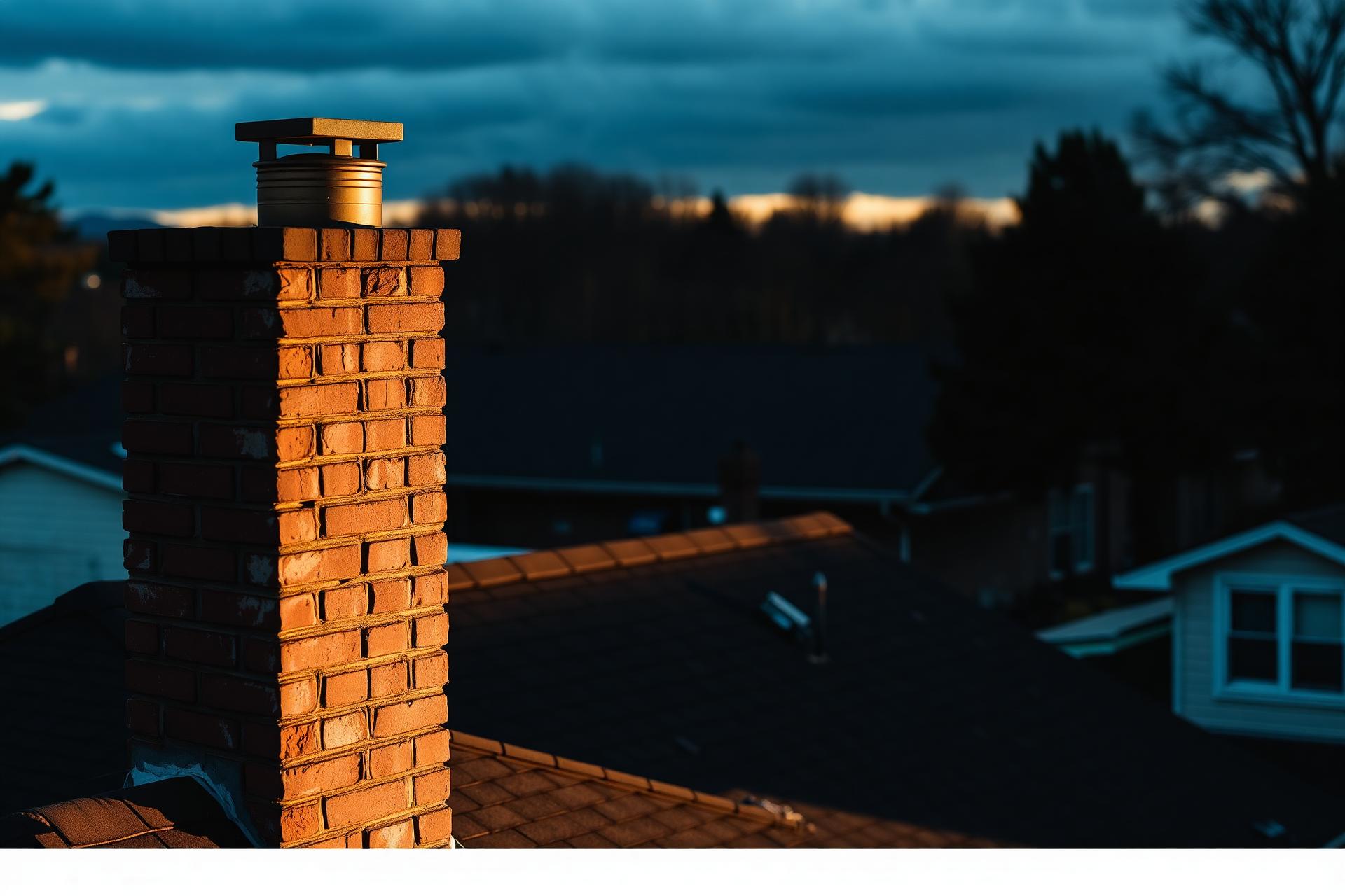 Brick chimney repair on a residential rooftop in Indianapolis Indiana at dusk